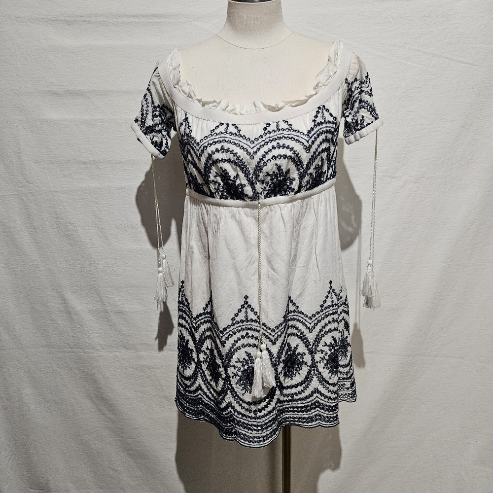 NIGHTWALKER White Cotton Dress With Navy Embroidery.